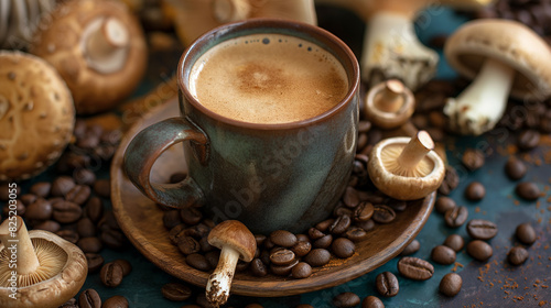 Uma xícara de café com cogumelos em cima da mesa, cercada por cogumelos e grãos de café
