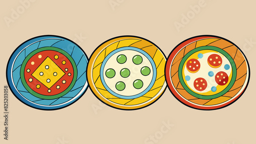 A set of four ceramic plates each with a different color and pattern on the rim.. Cartoon Vector.