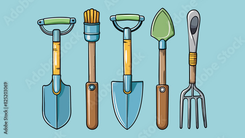 A set of garden tools This set consists of a shovel rake trowel and pruning shears. They are all made of sy metal with rubberized grips for. Cartoon Vector.