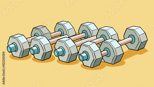 A set of 10 dumbbells that weigh 50 pounds collectively are sy and solid with a noticeable weight distribution that requires effort to lift.. Cartoon Vector.