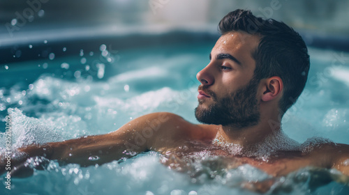 Um homem usando uma piscina de gelo para se recuperar após exercícios esportivos photo