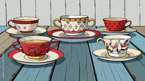 A set of mismatched teacups and saucers arranged in a haphazard fashion on a weathered wooden table. Each cup tells a different story with intricate. Cartoon Vector.