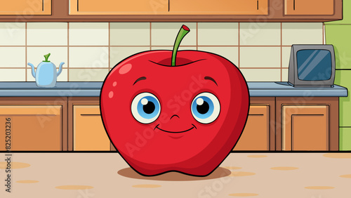 A shiny red apple sits on a kitchen counter invitingly round and plump. The skin is smooth and blemishfree and the stem is still attached.. Cartoon Vector.