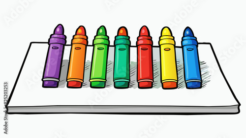 A set of rainbowhued markers laid out on a white sheet of paper. Each marker has a round tip and is labeled with a vibrant color. Some are used and. Cartoon Vector. photo