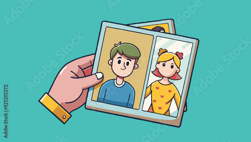 A shaky hand holding a photograph questioning the authenticity and memories captured within it leading to doubtful thoughts about relationships and. Cartoon Vector.