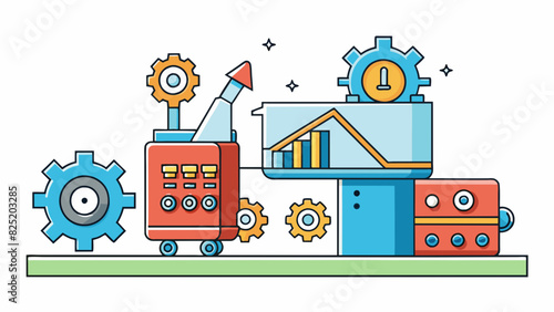 A shiny new machine with gears and levers running smoothly as it churns out products at a rapid pace. The machine represents the financial investment. Cartoon Vector.