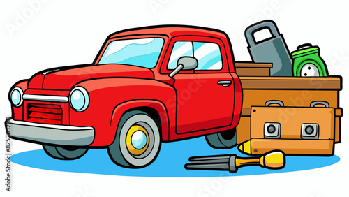 A shiny red toolbox filled with an array of tools sits in the garage next to daddys old pickup truck a loyal and reliable companion on many. Cartoon Vector.