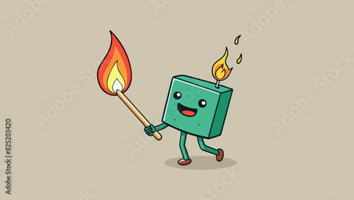 A short stubby matchstick with a green end is being lit by a candle flame the tiny sparks dancing as the match ignites.. Cartoon Vector.