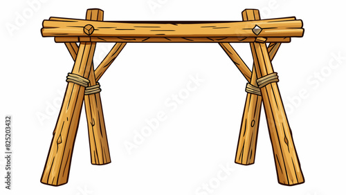 A simple rustic stand crafted from thick tree branches and twine. It has a natural unfinished look and can be used as a plant stand with a rectangular. Cartoon Vector.