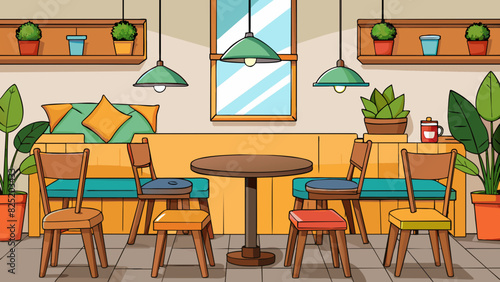 As I entered a cozy coffee shop I immediately felt at ease with its warm and inviting decor. The wooden tables and chairs were adorned with colorful. Cartoon Vector.