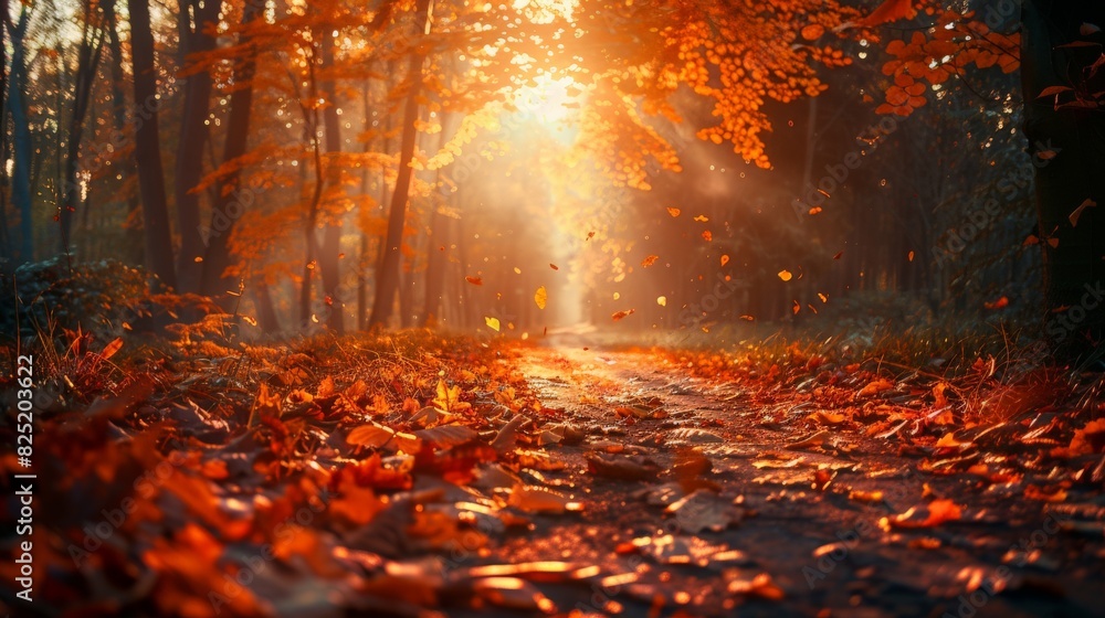 Autumn forest pathway covered with fallen leaves and soft sunlight Autumn forest pathway covered with fallen leaves and soft sunlight