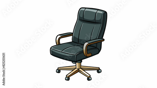 A sleek black leather seat with adjustable armrests and a swivel base perfect for a modern office setting. It has a high back for support and a smooth. Cartoon Vector.
