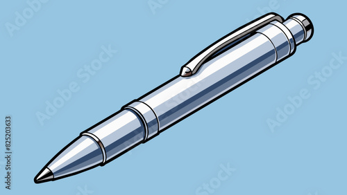 A sleek cylindrical pen made of shiny silver metal with a small clip on the side for easy attachment to notebooks or pockets. Its black ink flows. Cartoon Vector.