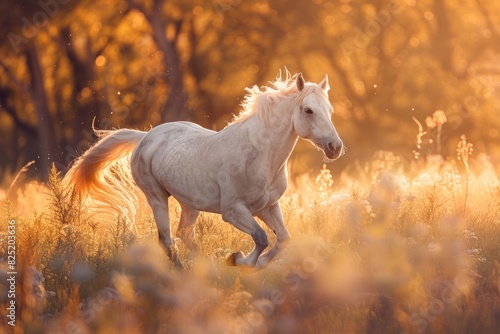 A white horse running through a field of yellow grass
