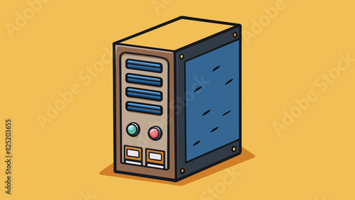 A slow computer The computer is a desktop tower with a black casing and several ports and buttons on the front. When turned on it takes a. Cartoon Vector.