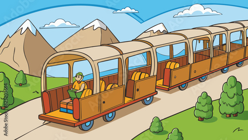 A slowmoving openair train with wooden benches and large swinging doors carrying tourists through scenic landscapes.. Cartoon Vector.