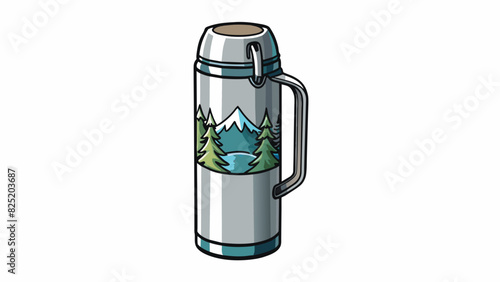 A sleek silver thermos perfect for keeping drinks hot or cold. It has a twistoff lid and a sy handle for easy transport. On the side there is a. Cartoon Vector.