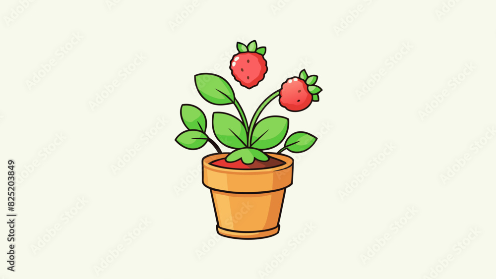 A small potted plant with vibrant green leaves delicate pink flowers and a few ripe red strawberries on its vines.. Cartoon Vector. A small potted plant with vibrant green leaves delicate pink flowers and a few ripe red strawberries on its vines.. Cartoon Vector.