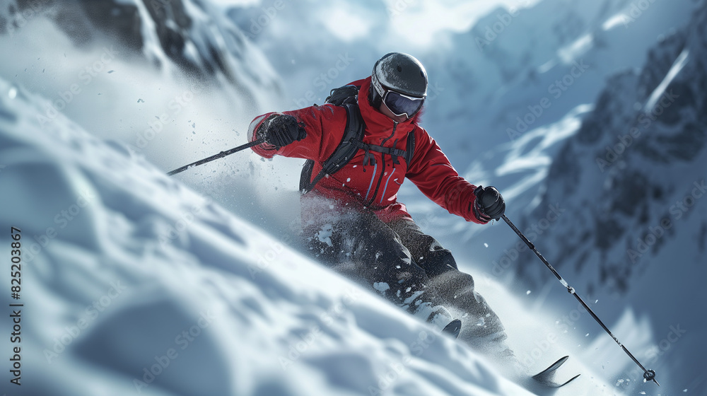 skier in red jacket skiing down a steep mountain slope