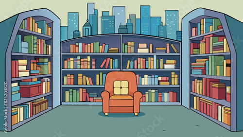 A small library hidden in the middle of a bustling city tucked away from the noise and commotion. The shelves are filled with leatherbound books and a. Cartoon Vector.