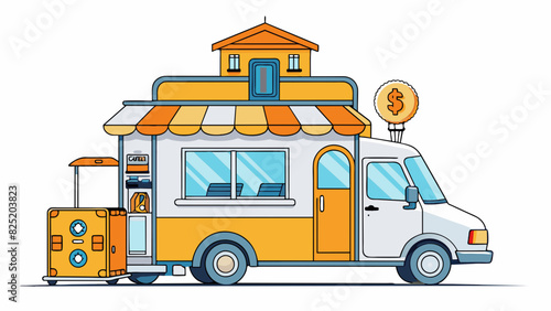 A small mobile bank located on a busy street corner. It is a converted van with the banks logo and services painted on the side. Inside there is a. Cartoon Vector.