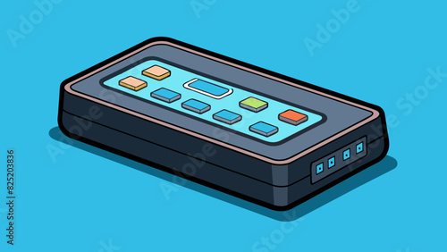 A small rectangular device emits a soft blue light on a desk. Its sleek black exterior is covered in buttons each labeled with a different symbol. It. Cartoon Vector.
