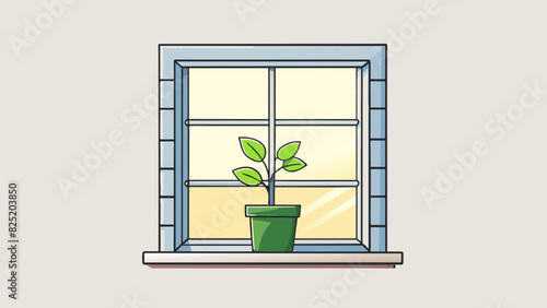 A small potted plant is sitting on a white windowsill its leaves stretching towards the sunlight coming through the window.. Cartoon Vector.