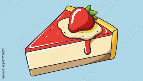 A smooth creamy slice of cheesecake with a golden graham cracker crust and a drizzle of rich strawberry sauce on top.. Cartoon Vector.