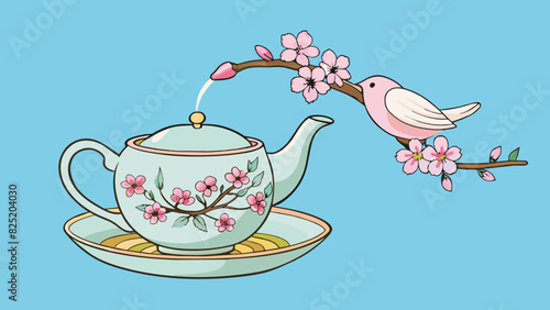 A small teapot perched on a dainty saucer adorned with intricately painted designs of cherry blossoms and birds. The thin delicate porcelain emits a. Cartoon Vector.
