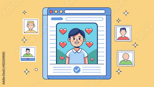 A social media post with a photo and caption sharing updates with friends and followers. The post has likes comments and shares displayed underneath. Cartoon Vector.