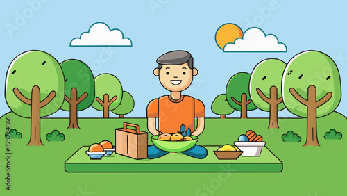 A smiling person enjoying a picnic in a park surrounded by trees and fresh air. The person is relaxed and content soaking up the physical and mental. Cartoon Vector.