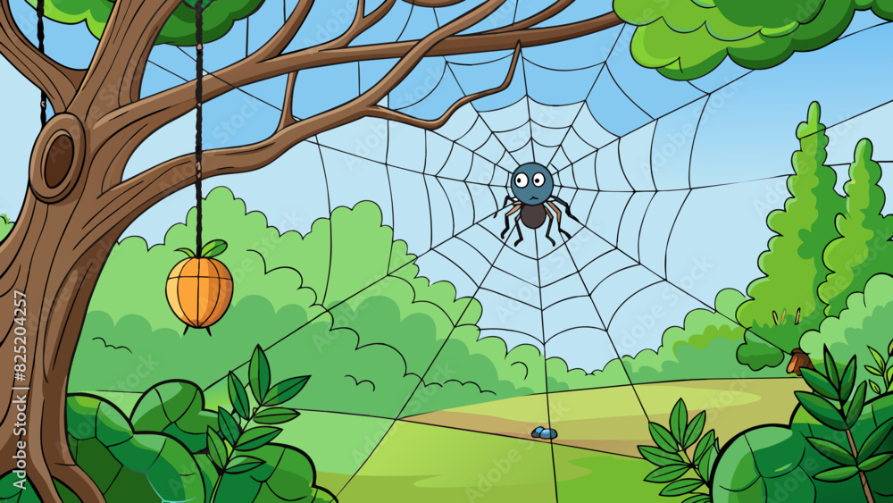 A spiders web hangs from a tree branch glistening in the morning dew.. Cartoon Vector.