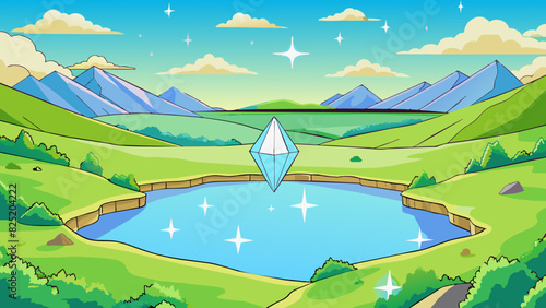 A sparkling crystalclear lake nestled between two rolling green hills mirroring the vast expanse of the sky above.. Cartoon Vector.