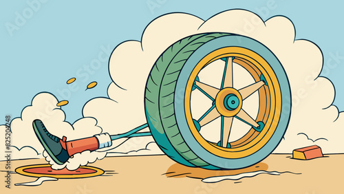 A spinning wheel coming to a stop with a persons foot pressing down on the brake pedal. The tire tracks show clear marks on the ground and the vehicle. Cartoon Vector.