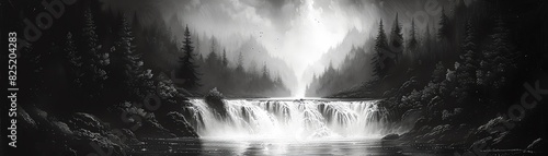 Black and white illustration of a serene waterfall surrounded by dense forest, with mist rising into the sky creating a mystical atmosphere.