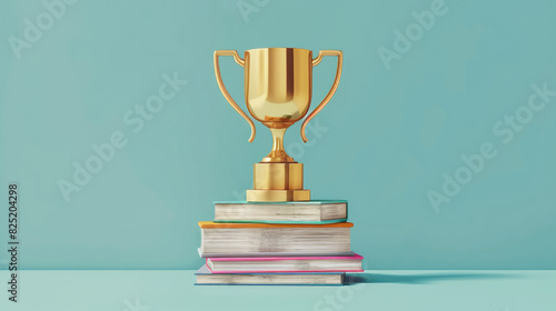 A gold trophy sits on top of a stack of books. The trophy represents achievement and success, while the books symbolize knowledge and learning photo