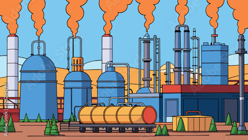A sprawling oil refinery features massive tanks and pipes crisscrossing the property. The constant hum of machinery echoes in the distance while an. Cartoon Vector.