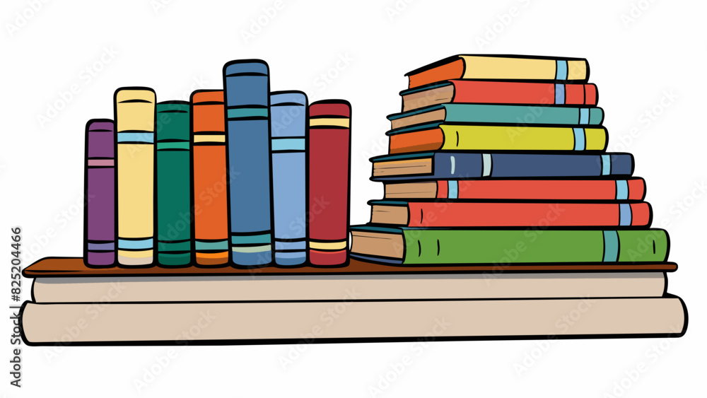 Naklejka premium A stack of nine books on a shelf all the same height but varying in thickness and color. Each book has a different genre and title making it a diverse. Cartoon Vector.
