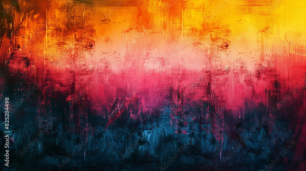 A dynamic abstract scene depicting the intense colors of a sunset, with bold brushstrokes and gradient transitions.