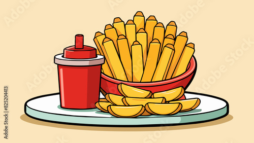 A stack of golden crispy french fries served with a side of tangy ketchup a popular American snack.. Cartoon Vector.