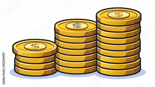 A stack of shiny metallic coins in varying sizes and values each with a distinct emblem or image on one side.. Cartoon Vector.