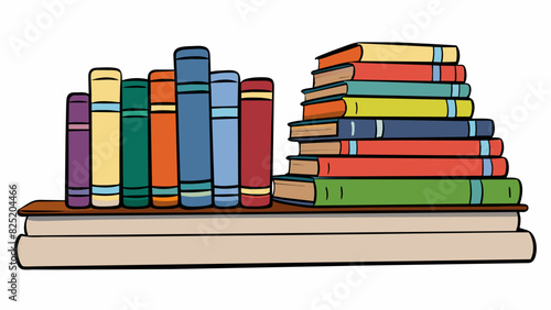 A stack of nine books on a shelf all the same height but varying in thickness and color. Each book has a different genre and title making it a diverse. Cartoon Vector.