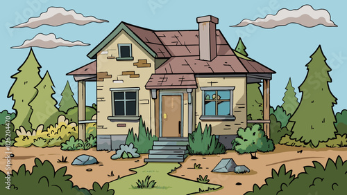 A state of decay The object is an old and abandoned house with cracked walls peeling paint and broken windows. The once beautiful garden is now. Cartoon Vector.