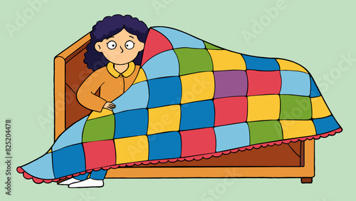 As she climbed into bed she pulled the little knitted blanket up to her chin. It was soft and fuzzy with colorful patches of yarn sewn together in a. Cartoon Vector.