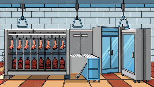 A stainless steel meat locker with rows of large industrialsized freezers. The walls are lined with hooks holding carcasses of animals and a conveyor. Cartoon Vector.