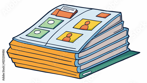 A stack of rectangular papers with words and images printed on them obviously a book waiting to be read.. Cartoon Vector.