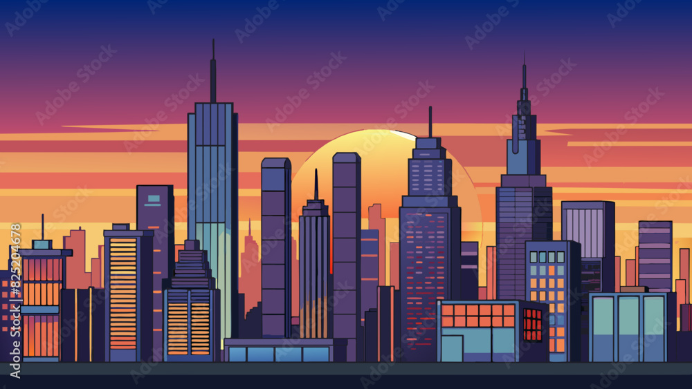As the sun set the citys skyline was gradually introduced lighting up the night sky with a beautiful display of ling lights and towering skyscrs. The. Cartoon Vector. As the sun set the citys skyline was gradually introduced lighting up the night sky with a beautiful display of ling lights and towering skyscrs. The. Cartoon Vector.