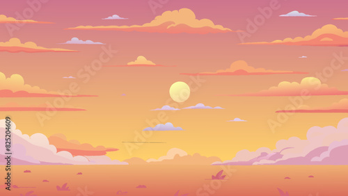 As the sun began to set the majority of the sky turned a pink and orange hue with only a few wispy clouds tered throughout.. Cartoon Vector.