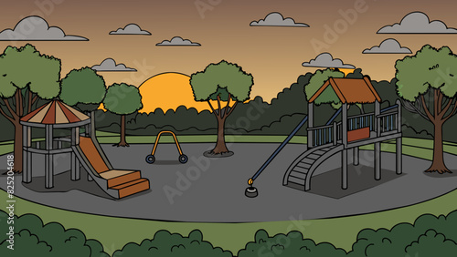 As the sun sank below the horizon the colors of the world faded into shades of grey. The once bustling park now lay quiet and still the swing sets and. Cartoon Vector.