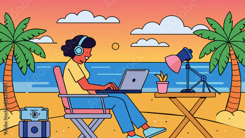 As the sun set on the beach the director sat in her canvas chair a pair of headphones on as she carefully edited footage on her laptop.. Cartoon Vector.